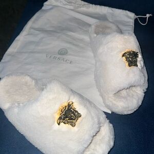 versace white and gold fluffy slipper slides